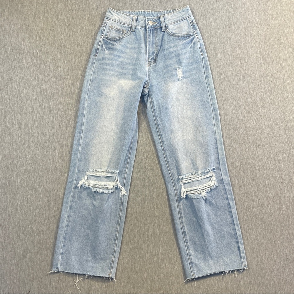 SHEIN High Rise Jeans Women’s Petite XXS Light Wash Blue Distressed Raw Hem